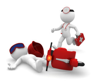 cartoon paramedic helping a motorcycle accident victim